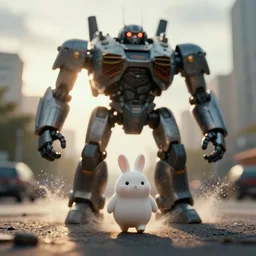 a 3 5 mm photo from the front of a giant mecha armored war delorean robot as chubby cute rabbit walking in the alexanderplatz, splash art, movie still, bokeh, canon 5 0 mm, cinematic lighting, dramatic, film, photography, golden hour, depth of field, award - winning, anamorphic lens flare, backlighting, overcast, 8 k, hyper detailed, 3 5 mm film grain