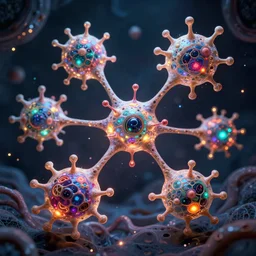 quantum connections represented as symbiotic organisms like cells playing around with colorful lights by ernst haeckel, lightfull