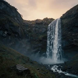 epic mountain landscape, waterfall, sunset, muted colors, cinematic, art by michael shainblum + marc adamus