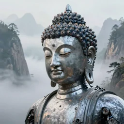 detailed robotic cyborg buddha with intricated wires on the face, misty mountain, volumetric fog, perspective painting, atmospheric shot, in the style of greg rutkowski, artstation, 4 k,