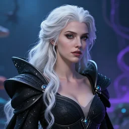 a realistic detail  of a beautiful female queen has white hair in Atlantis by Julian calle, wlop, Beksiński, thomas kinkadegreg, rutkowski, Finnian MacManus, Syd mead Trending on artstation, black and blue  and purple scheme, 8k, Unreal Engine