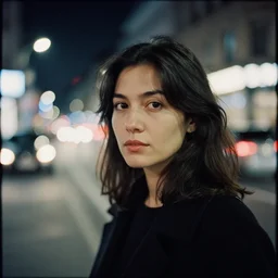detailed portrait of a woman in the city street at night, bokeh, long exposure, ilford hp 5 plus