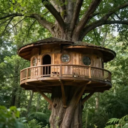 an ancient treehouse, inside a gigantic old tree in the middle of the forest
