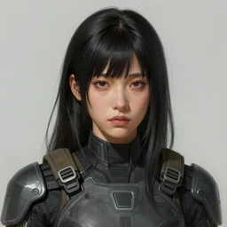 portrait of a woman by greg rutkowski, she is about 4 0 years old, black hair with bangs, her features are a mix between indian, korean and russian and she is wearing a futuristic tactical gear, co - descendant and sad expression, highly detailed portrait, digital painting, artstation, concept art, smooth, sharp foccus ilustration, artstation hq.