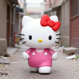 photorealistic hello kitty walking towards camera in a littered dirty alley