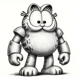 a huge robot shaped like garfield, illustration, graphic novel, graphite, marker art, crayon, paint, comic book, warm color palette, electric colors, tonal colors, 2 d, 8 k, natural lighting, amoled, moody lighting, diffraction grading, cel shading : : katsuhiro otomo