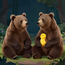 a brown bear and a yellow chicklet, both friends, happily chatting during the night