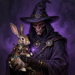 a close - up portrait painting of a dark alien wizard holding steampunk rabbit. magic. studio lighting. purple fog, gloomy dark atmosphere. highly detailed science - fiction painting by norman rockwell, moebius, frank frazetta, and syd mead. rich colors, high contrast. artstation