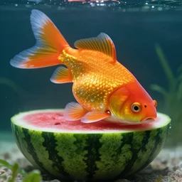 a giant 10ft goldfish biting into a watermelon, real, unusual photo, cinematic, award winning photo, National Geographic, rare fish, goldfish, monster fish,