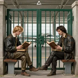 “a renaissance painting of two detailed, symmetrical! beautiful men, one man is blond, the other man has dark hair, sitting far apart in an empty gate at the airport, reading thick old books. In the style of rembrandt”