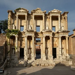 ancient city covered with ivy, with massive and luxurious ancient roman library with pillars, in the shape of a palace