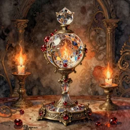 gothic absinthe fountain with a crystal glass orb and rubies, firelight warm lighting, fantasy, intricate, elegant, highly detailed, digital painting, still life, artstation, concept art, matte, sharp focus, illustration, intricate, highly detailed, digital watercolor, volumetric light, artstation, concept art, distressed, sharp focus, illustration, art by paiko glass willem kalf and jan philip van thielen