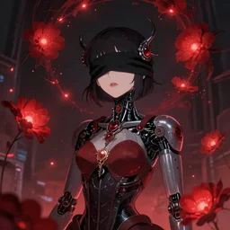 blindfolded dreaming humanoid female android wearing gothic ornament surrounded by glowing red flowers floating in above a dystopia by Anna Dittmann, by hayao miyazaki, digital art. surreal. trending on art station. anime arts. featured on Pixiv, HD, 8K, highly detailed, good lighting. beautiful. epic.