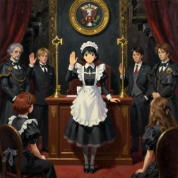 baroque oil painting of key visual environment concept art of anime maid being sworn into presidential office, brutalist, dark fantasy, rule of thirds golden ratio, fake detail, trending pixiv fanbox, acrylic palette knife, style of makoto shinkai studio ghibli genshin impact jamie wyeth james gilleard greg rutkowski chiho aoshima