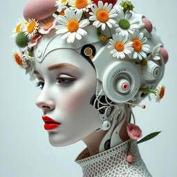 biomechanical beautiful woman portrait with a smooth carved porcelain ivory profile face, futuristic haute couture, iris van herpin, headdress with daisies, colorful puffballs, mushrooms, rhizomorphs, brackets, sponge corals, laser cut collar, red lips, slender leaves, cyberpunk, hyper detailed, ultra sharp, 8 k, uhd