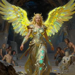 An oil painting of the beautiful blonde viking goddess of war, Valkyrie, very aesthetic, detailed face, neon-yellow-holographic wings, by Frank Frazetta, Greg Rutkowski, Boris Vallejo, Neal Hanson, Christian MacNevin, epic fantasy character art, goddess of anger, teal-neon viking runes, high fantasy, full length, exquisite detail, post-processing, low angle, masterpiece, cinematic, odin's stone arena background