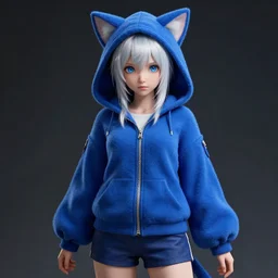 hyper - realistic + photorealistic render with very extreme intricate details, of a girl!!! wearing a blue cat - ears hoodie and blue shorts, blue eyes and white hair, in the style of final + fantasy 1 5, digital game - art by ross tran, movie composition by sana takeda, dramatic cinematic lighting by greg rutkowski, maya, cinema 4 d