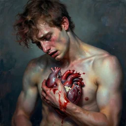 a broken hearted lover holding his own heart ripped from own chest crying, pop, hyper realism, monet, vivid, light blood, romanticism
