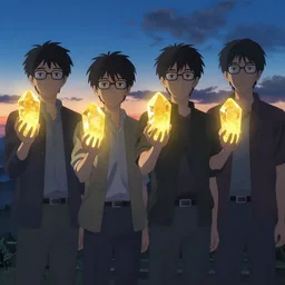 four men with their faces hidden standing next to each other, they all wear glasses and each one holds up a very large rough yellow crystal in his hand, twilight, dusk, poster art by makoto shinkai, featured on pixiv, environmental art, official art, anime, movie poster