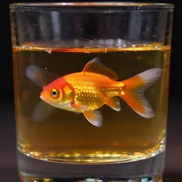 a goldfish swimming inside a whiskey glass, close up view, dramatic lighting, DOF, caustics, soft, sharp focus, art nouveau, cinematic, intricate concept artwork by Greg Rutkowski
