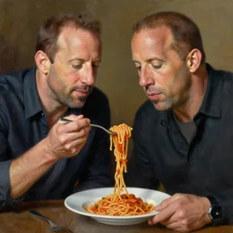portrait of vin diesel and willem dafoe sharing spaghetti, an oil painting by ross tran and thomas kincade