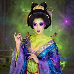 shrek dressed up as a gorgeous cosmic psychedelic geisha