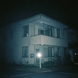 taken using a film camera with 3 5 mm expired film, bright camera flash enabled, street scene, brutalist house at night, slightly foggy, creepy, liminal space