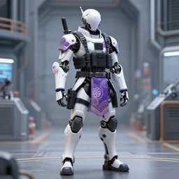 cyborg with white purple and black ancestral ornate japanese tactical gear standing in a futuristic factory, long shot, by irving penn and storm thorgerson, ren heng, peter elson, alvar aalto, makoto shinkai