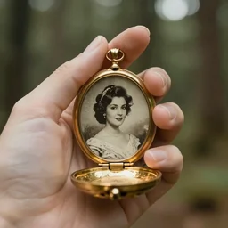 hand holding an open golden locket pendant with a retro photo of an elegant and aesthetic woman portrait, on a forest background with bokeh. Retro. Antique. High quality 8k. Intricate. Graflex camera. Award winning
