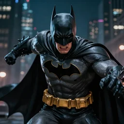 deep focus, a closeup portrait of angry aggression batman with a long cape in gotham city at night, fighting action pose, frank miller, jim lee, detailed illustration, neal adams, tim sale, moebius, sin city, b & w, intricate, comic book cover, film still,