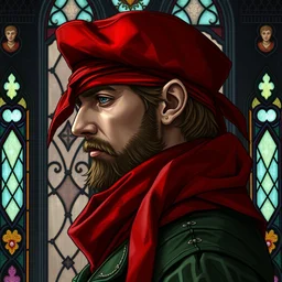 side - view portrait of the iorveth, scoia'tael leader, red cap, red bandana covering one eye, green coat, gothic stained glass window, very masterful