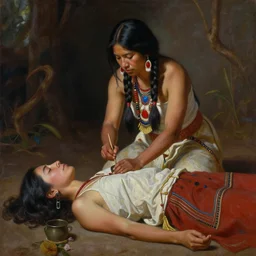 a beautiful painting of an indigenous female doing a healing shamanic ritual for another woman laying on the ground, matte painting, by christophe vacher
