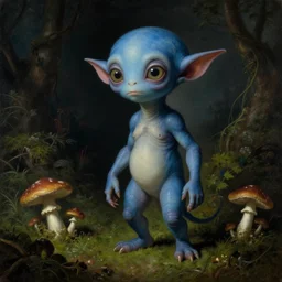 a close - up rococo portrait of an blue alien elf - like creature with whimsical features standing in moss, mushrooms, and swamp. night time. rich colors, high contast. gloomy, highly detailed 1 8 th century sci - fi fantasy masterpiece painting by jean - honore fragonard, moebius, and johfra bosschart. artstation