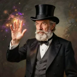 old man with a chin beard in a tuxedo and top hat casting a magic spell