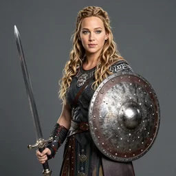 Jennifer Lawrence as a Viking shieldmaiden, holding a sword