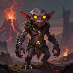 “a highly detailed goblin with dark skin and yellow eyes that glow, Like magic the gathering, goblin chainwalker, with a volcano in the background, digital art, by Christopher rush”