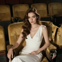 cinestill 5 0 d aerial portrait of a beautiful woman by paolo roversi sitting in a dystopian abandoned cinema, wearing white dress, elegant, highly detailed, pale gold tonal glossy, soft blur, artstation, sharp focus, head in focus,