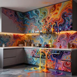 a beautiful insanely detailed modern kitchen intricate detailed color smashing fluid oilpaint, 3 d render, hyper realistic detailed, sharp, melting wax, fluid acrilic, thin fractal tendrils, intense colors, scifi, fantasy, hyper detailed, octane render, concept art, by peter mohrbacher, by wlop, by ruan jia