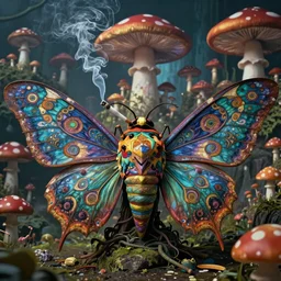 8K Portrait of centered chest up of a psychedelic godlike mothman with giant mandala wings smoking a hand-rolled cigarette smoking heavily , magic mushroom village in background , post-processing , award winning. superb resolution. in the art style of junji Ito and greg rutkowski . Detailed Mushroom city in background. Hyper realistic anime. Perfect art. Dalle2