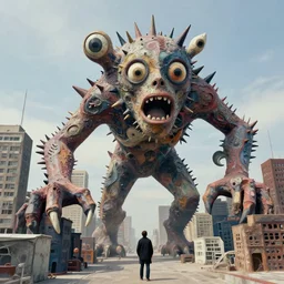 a beautiful kinetic sculpture of a large, monster looming over a cityscape. the monster has several eyes and mouths, and its body is covered in spikes. it seems to be coming towards the viewer, who is looking up at it in fear. by winslow homer, by jessica rossier amorphous, lavish