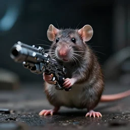 portrait of small bipedal! rat!! wielding shooting sci - fi alien weapon at screen, cinematic, portrait, macro, from the new science - fiction movie, 8 k, f 1. 8