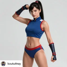 photo from the instagram of beautiful kitana from mortal kombat 2. she is doing attractive poses on a picturesque tropical island in front of the shaolin - style arena of the fighting - tournament.