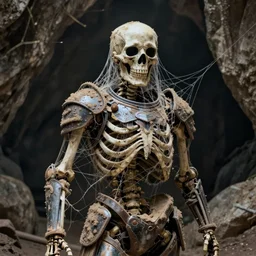 portrait of a dusty armored skeleton covered in webs in a cave By Emmanuel Lubezki
