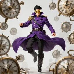 A man with a purple military coat and a golden mask, floating in the air, clockwork, clocks, anime, realistic, 8k, stylized, in the style of Tanya the Evil, epic