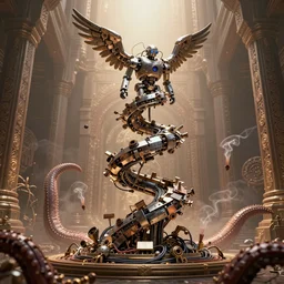 an immaculate render of a metallic spiral made of old modular robot parts spawning cables and bird wings floating in a temple surrounded by wild tentacles made from mandalas and incense smoke, powerful, cinematic, beautifully lit, by craig mullins, by galan pang, 3 d, trending on artstation, octane render, 8 k