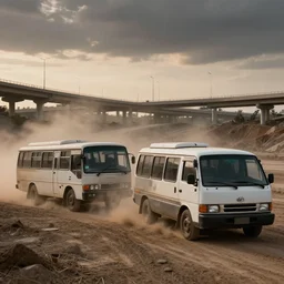 a still from elysium by ian mcque - toyota mini - buses battling each other, dusty terrain, highway overpass interchange in the distance, dramatic lighting, medium 5 0 mm lens, low camera angle, behance favourite, artstation trending, deviant art, evening,