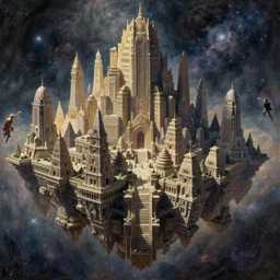 an epic painting by alan lee, rebecca guay, michael kaluta and charles vess of a massive city constructed of ancient stone of impossible architecture floating in the astral plane