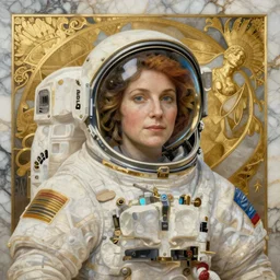 a portrait painting of a female astronaut, by greg rutkowski and alphonse mucha, marble, gold, unreal engine 5