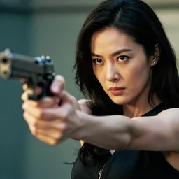 action movie closeup of asian woman with a fierce expression firing pistols with both hands, cinematic lighting