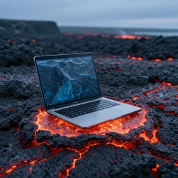 A laptop made of water sitting in a sea of lava, 4k HD